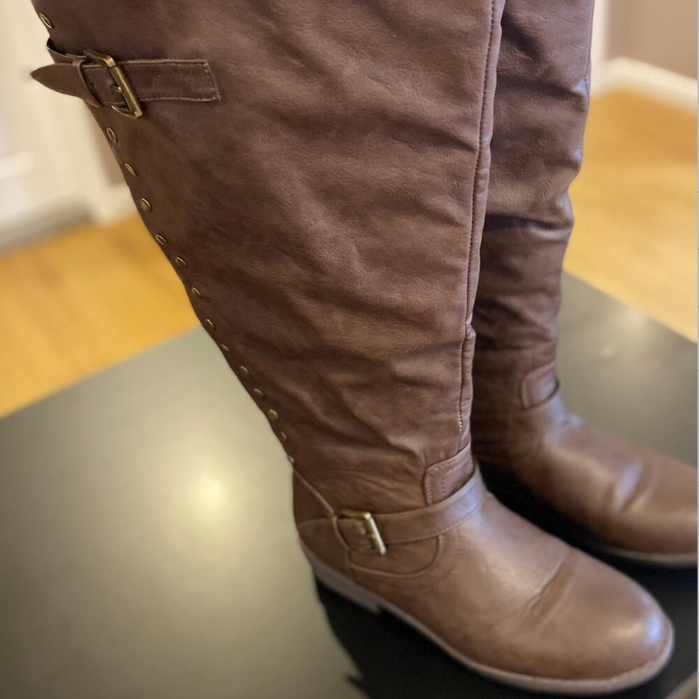 Journee Collection Brown Faux Leather Riding Boots, size 11 Wide Calf